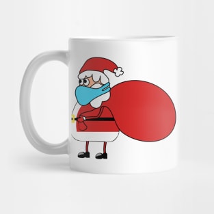 Santa Claus in quarantine wearing a Mask. A bag with presents. New Year's and Christmas. Celebration. Winter. Joy. Happiness. Mug